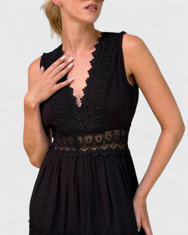 WEI TING | Tiered midi dress with crochet lace