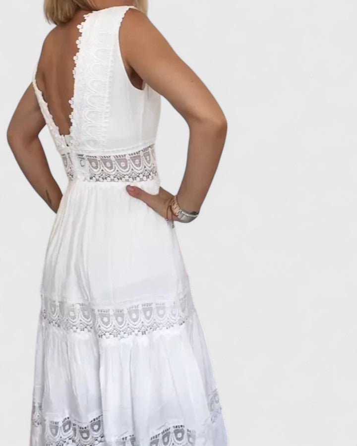 WEI TING | Tiered midi dress with crochet lace