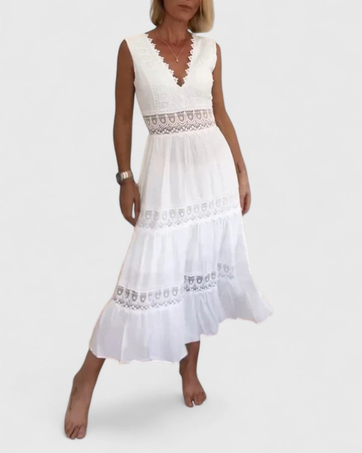 WEI TING | Tiered midi dress with crochet lace