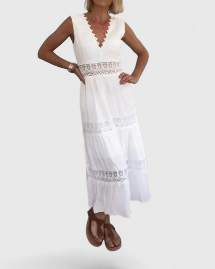 WEI TING | Tiered midi dress with crochet lace