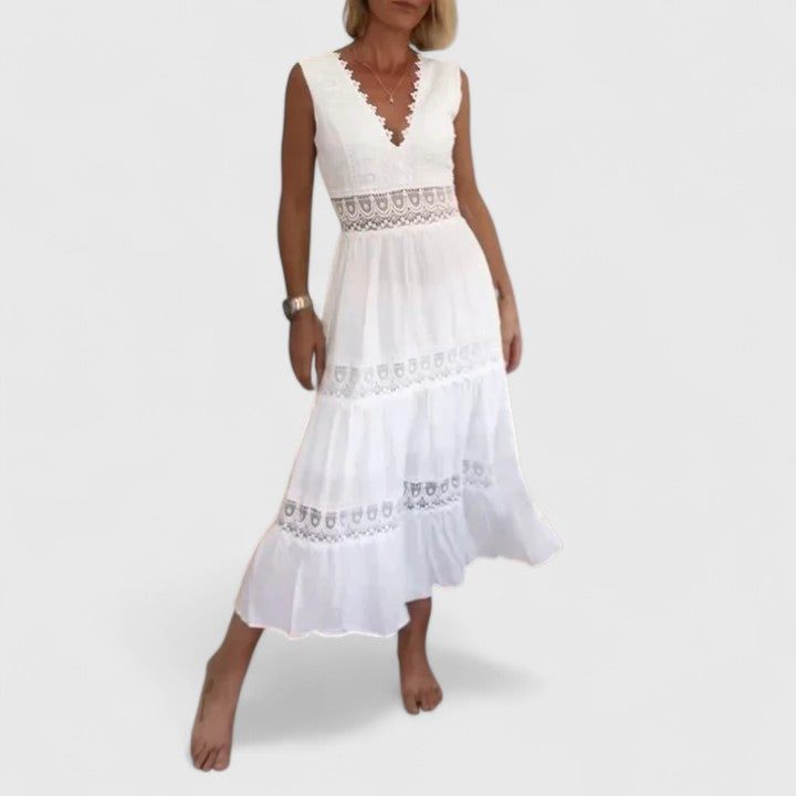 WEI TING | Tiered midi dress with crochet lace