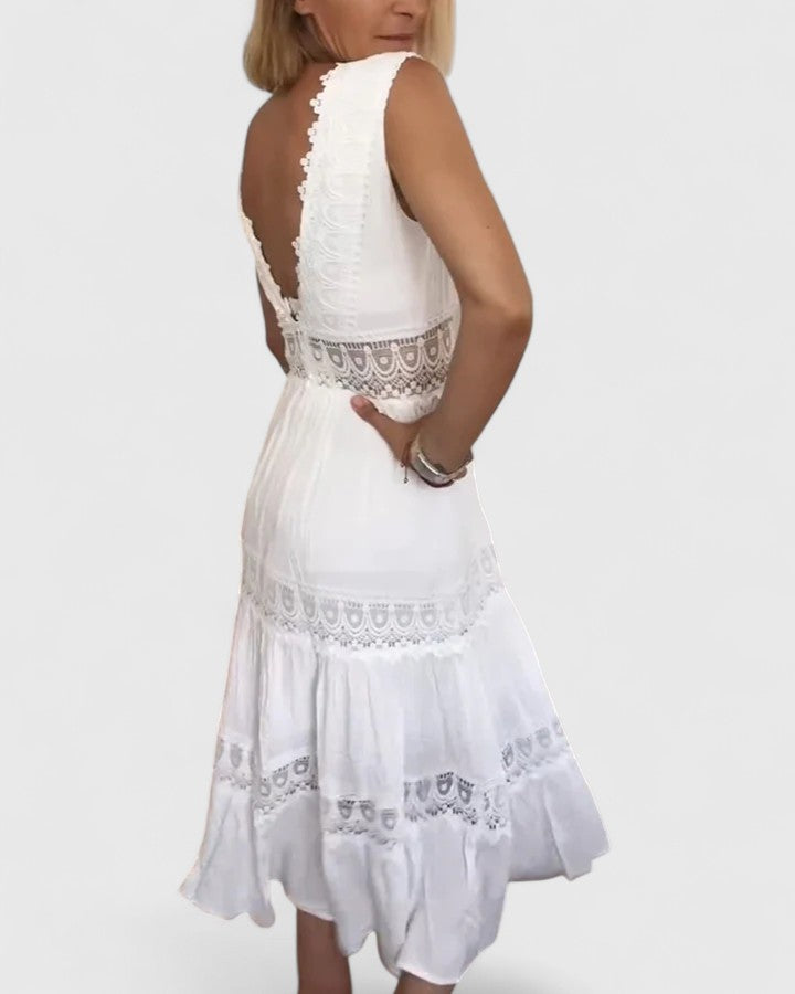 WEI TING | Tiered midi dress with crochet lace